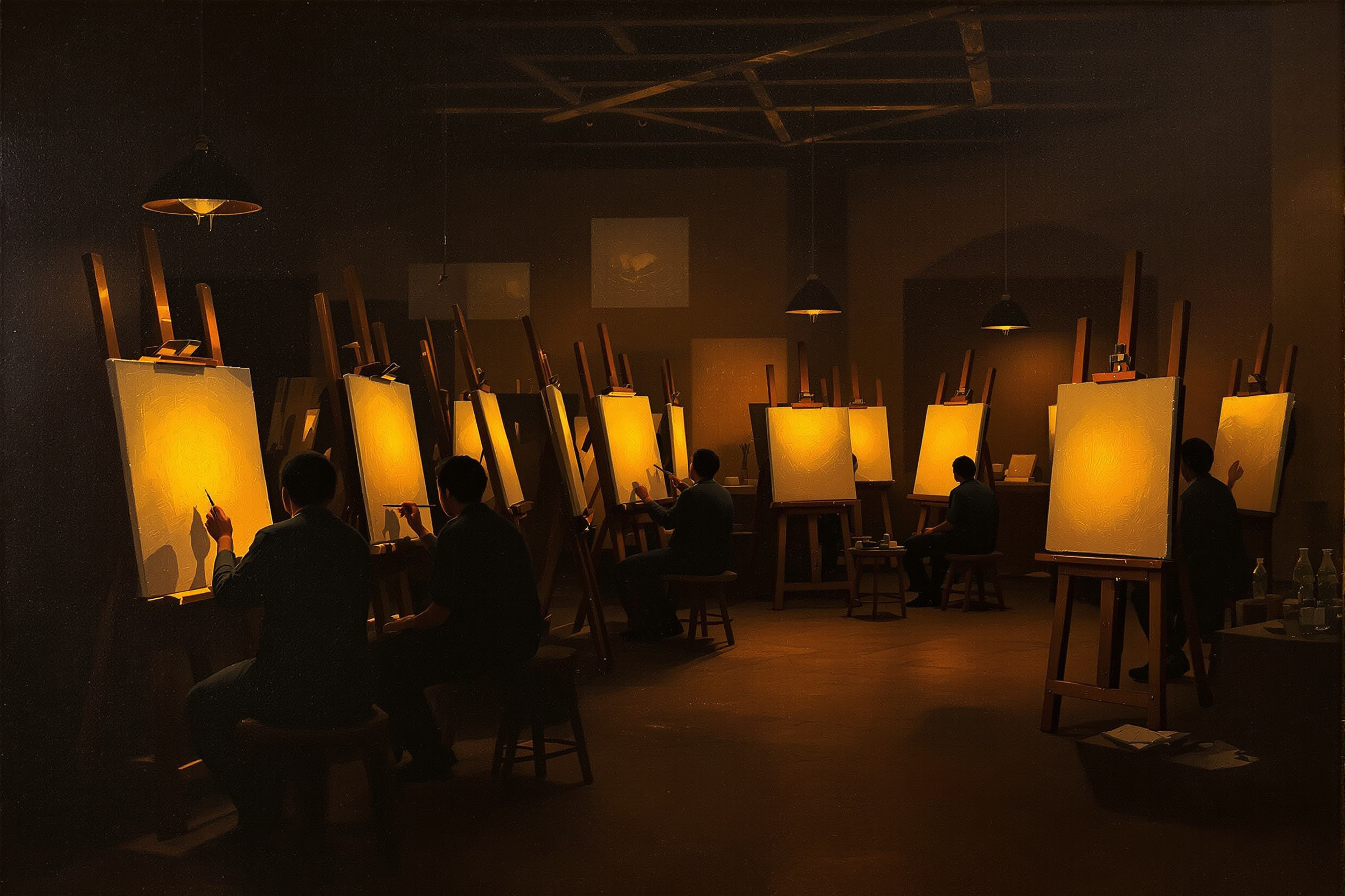 An atelier at dusk with several easels and figures painting by warm lamplight against dark walls