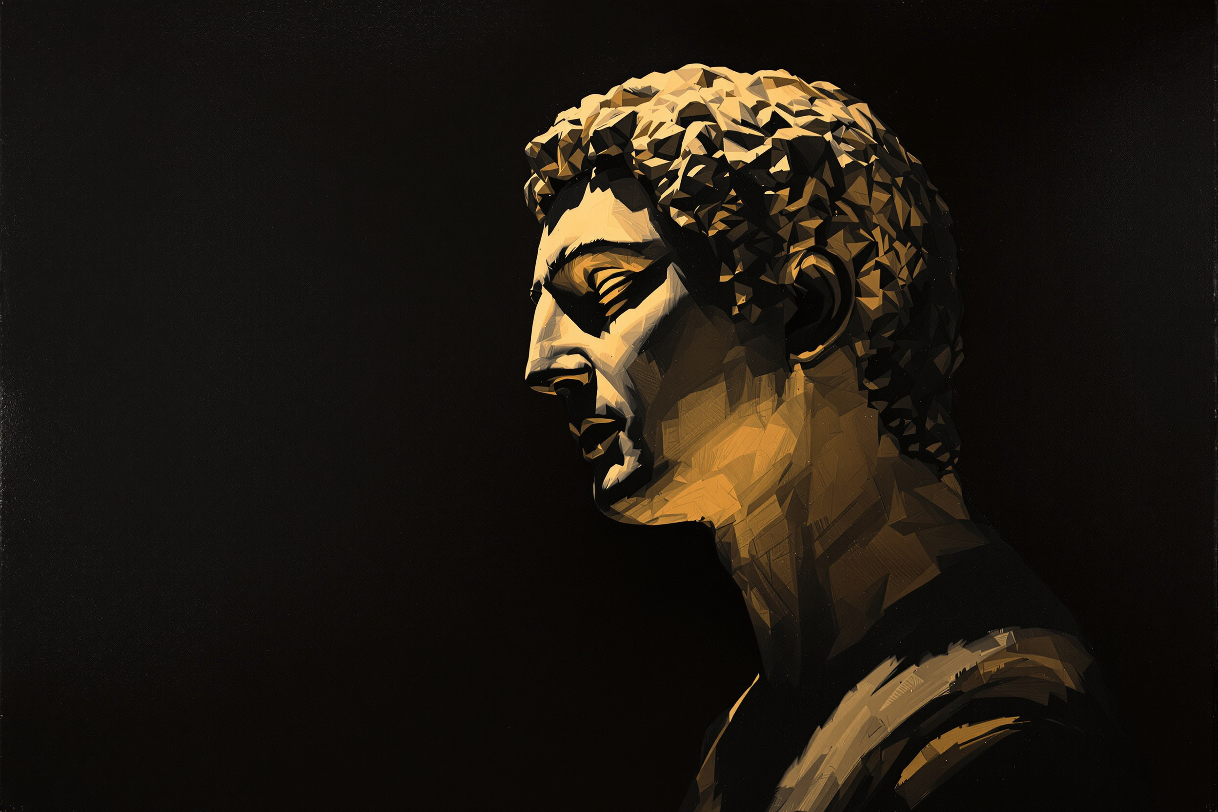 A classical plaster bust lit by a single raking warm light against black, in strong chiaroscuro