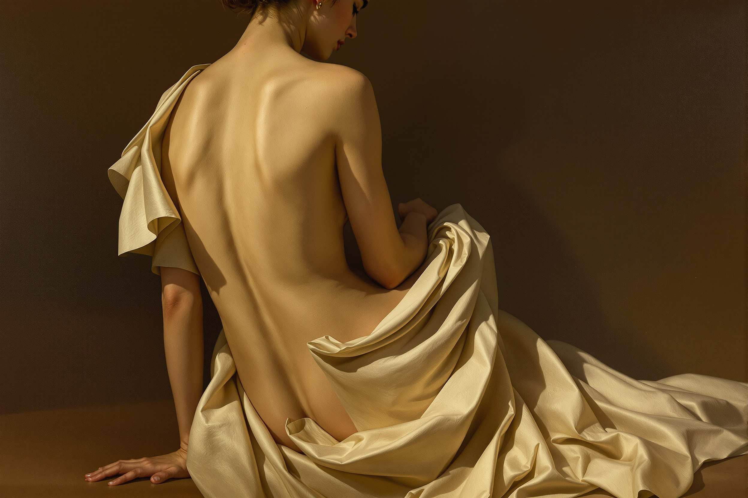 A draped classical figure study in warm low light, sculptural folds over a turned shoulder, formal and restrained