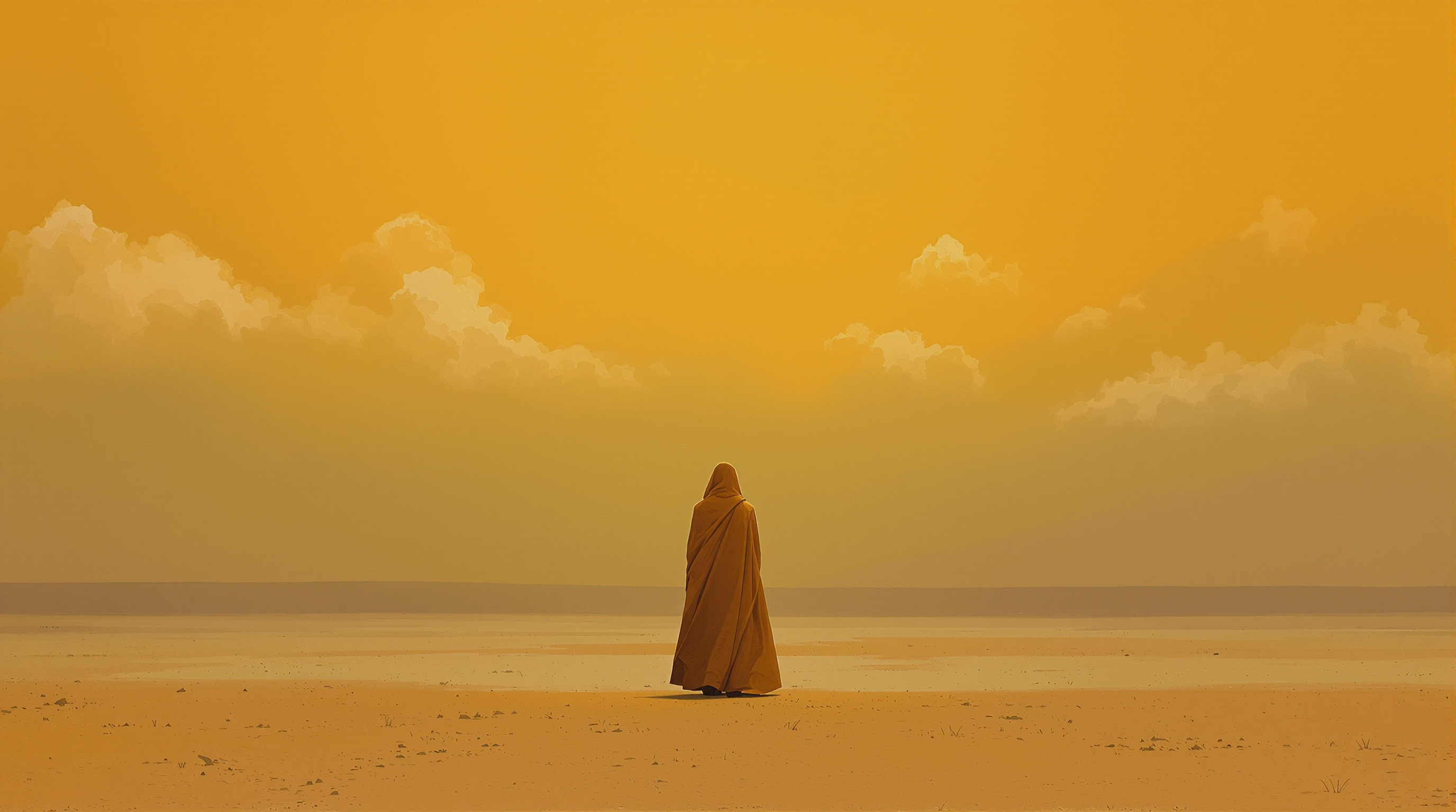 A solitary robed figure on a barren plain beneath a vast golden twilight sky, painted in warm Old-Master tones