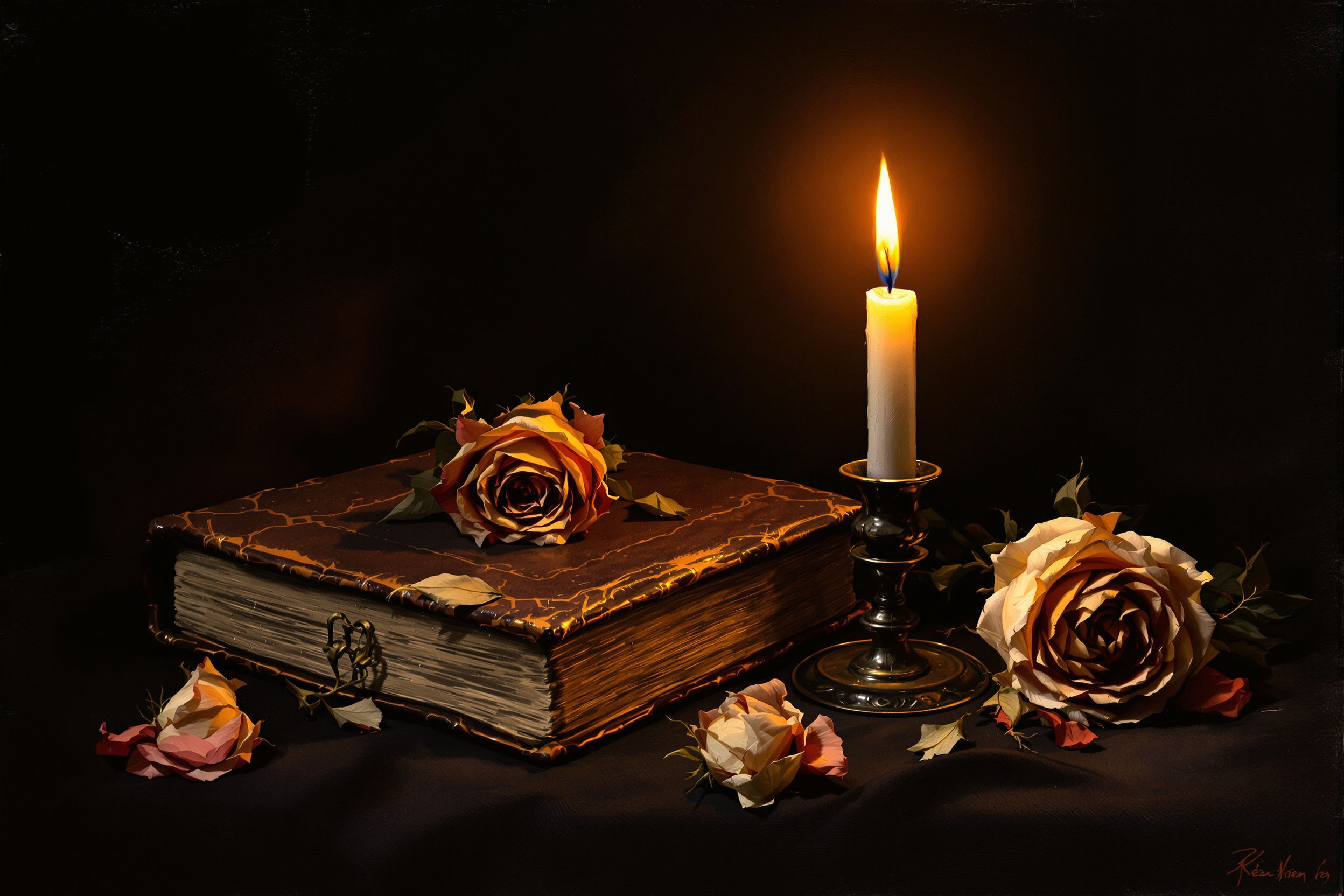 A candlelit vanitas still life of a book and dried roses on dark cloth, in warm Old-Master tones