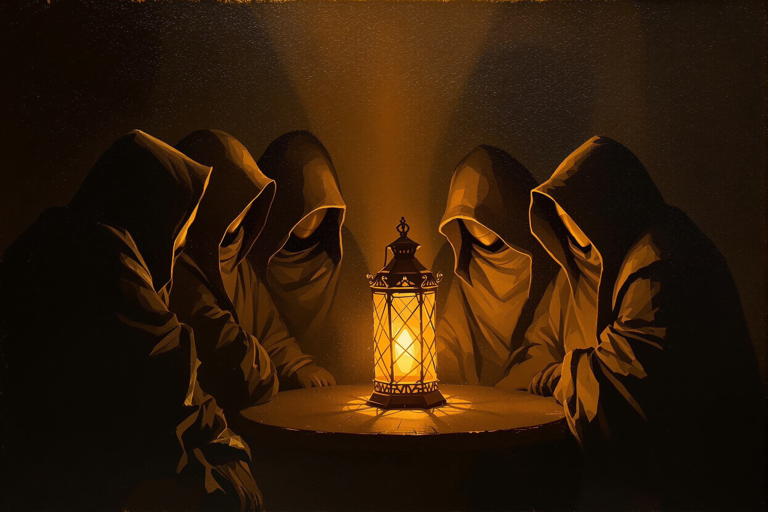 A small group of cloaked figures gathered around a single lantern in warm darkness, painted in umber and gold