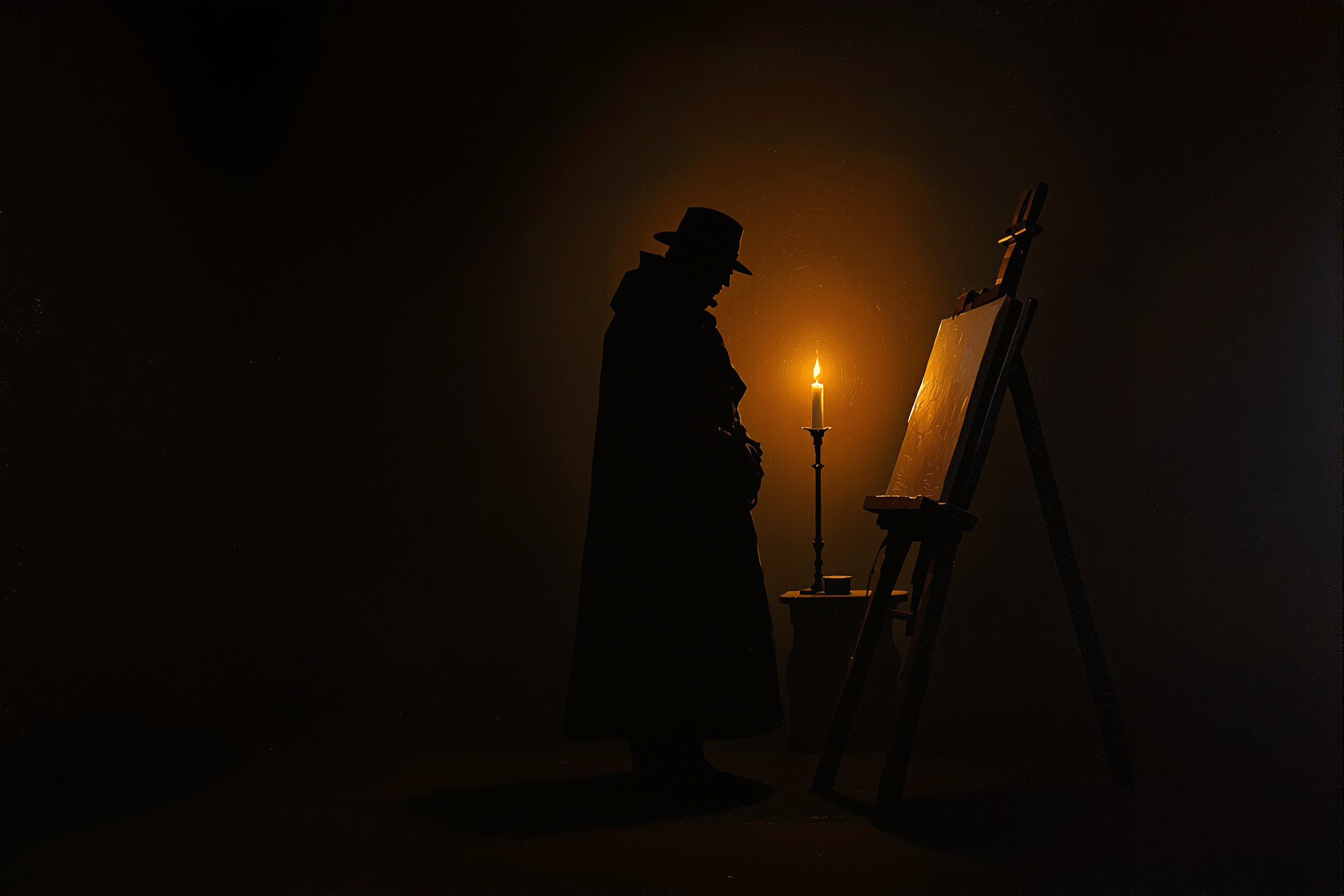 An anonymous cloaked painter in half-shadow beside an easel, lit by a single warm lamp in a dark studio