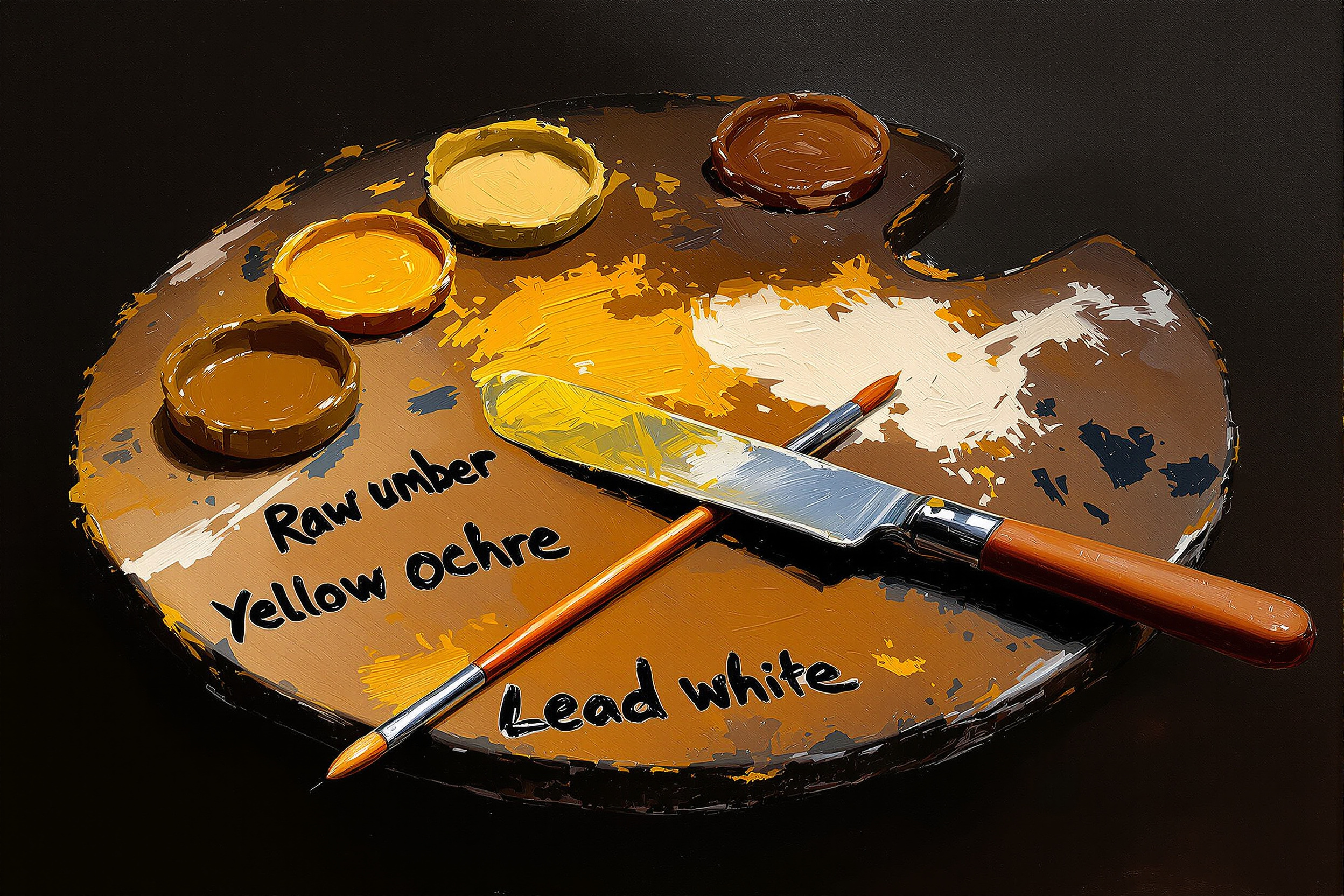 An artist's palette loaded with earth-tone oil paints, a palette knife and worn brushes in warm studio light