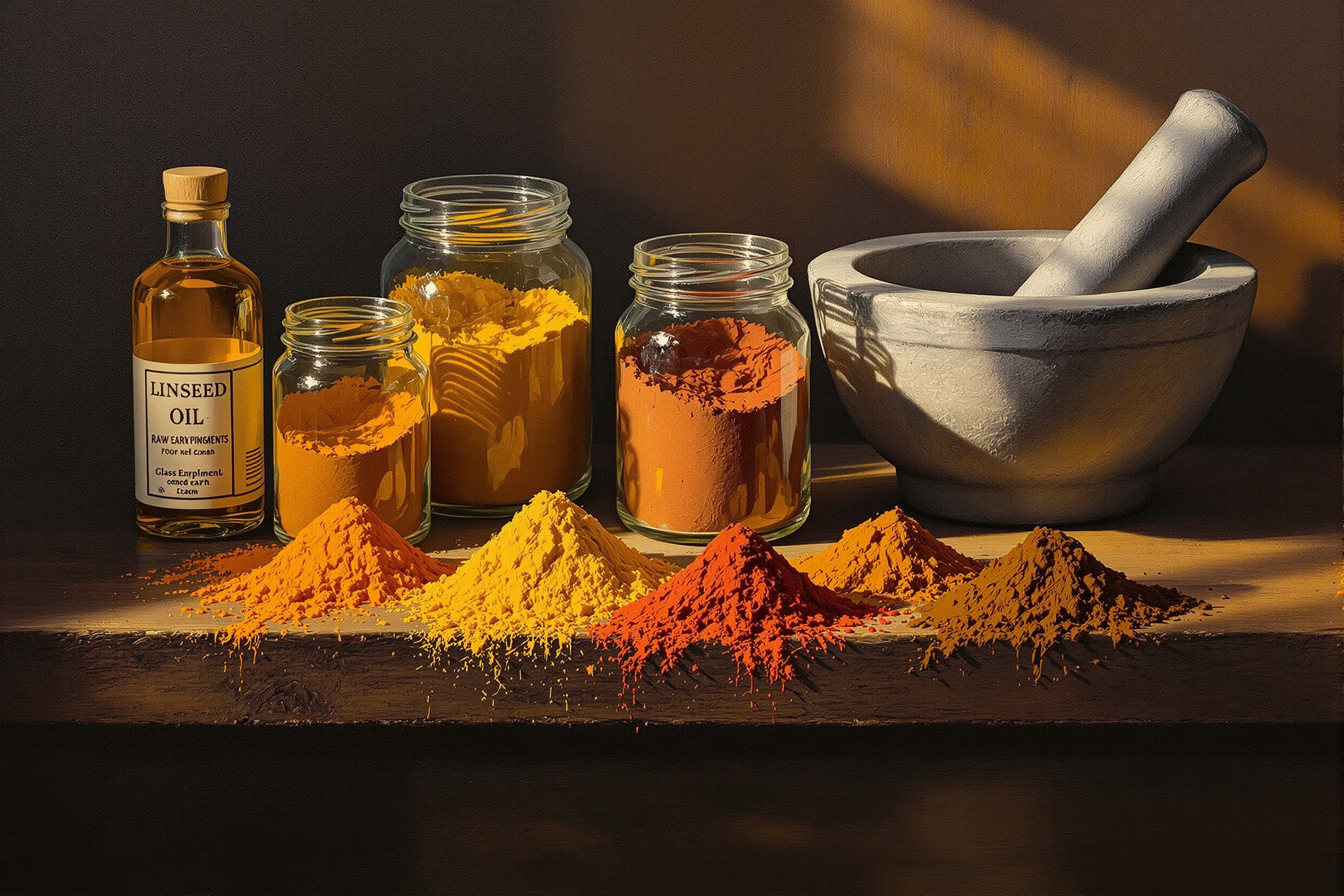 Jars and heaps of raw earth pigments beside a mortar and pestle and a bottle of oil, in warm side light