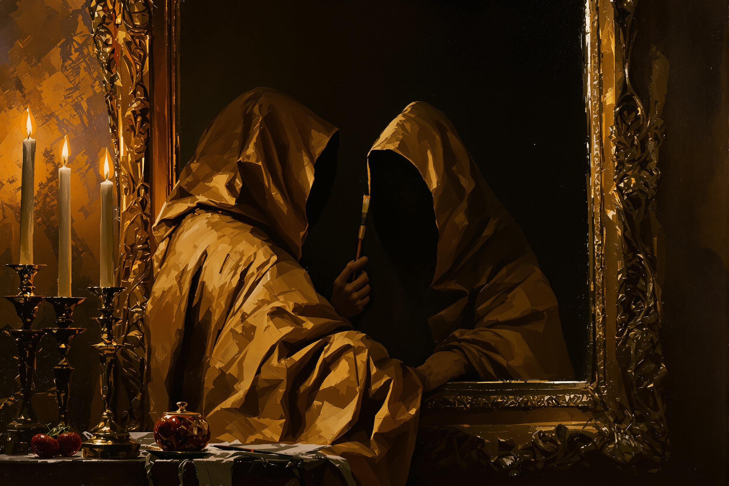 An anonymous figure in a golden cloak before a dim mirror holding a brush, face lost in warm shadow