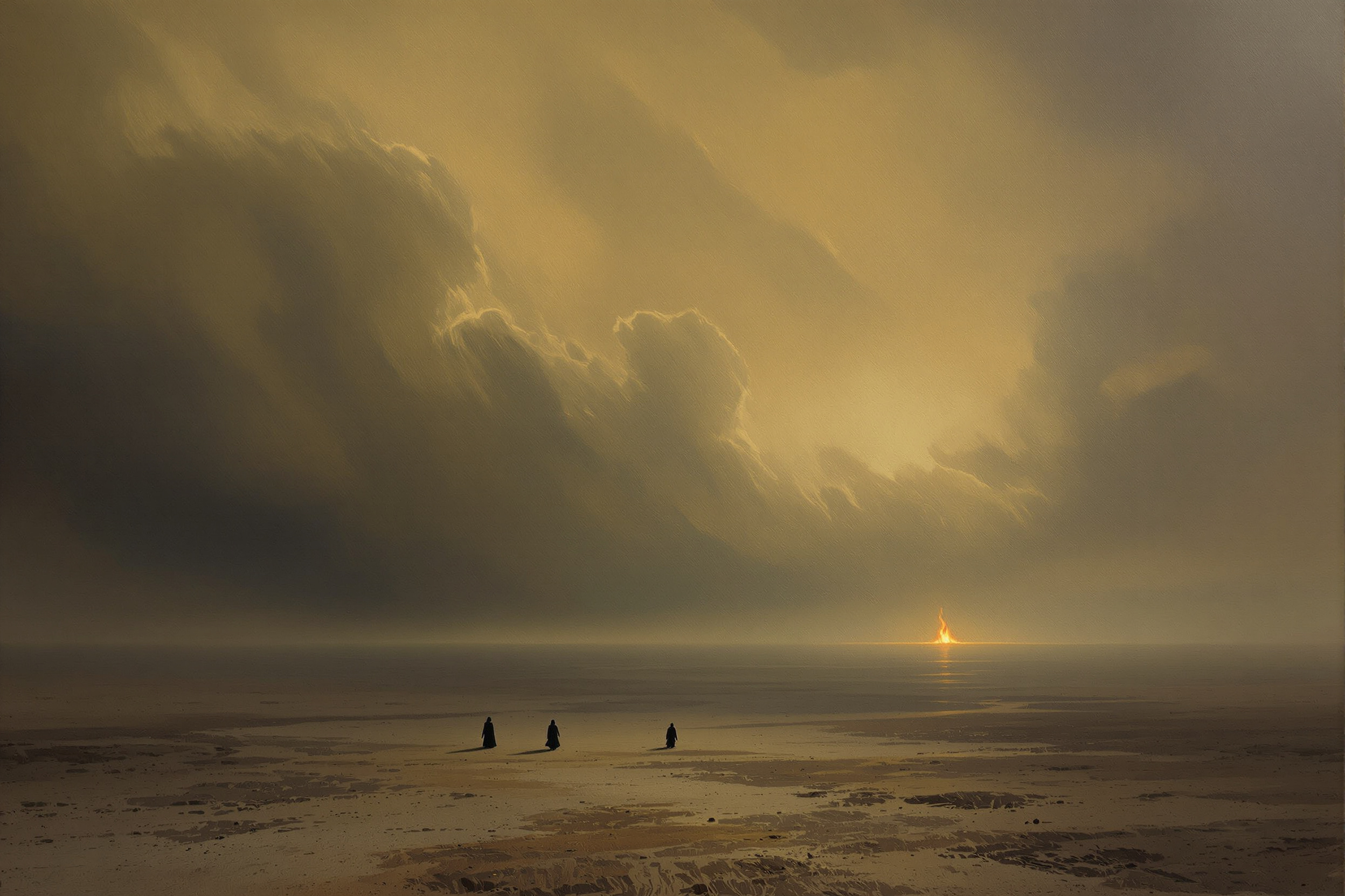 A vast twilight plain under an enormous brooding sky, with tiny distant robed figures crossing barren earth